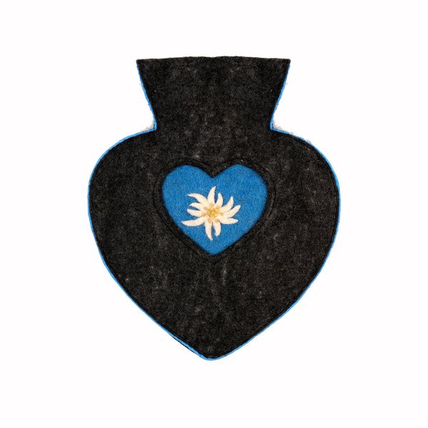 Wärmflasche Herz, 1,0 l Fassungsvermögen, mit Filzbezug "Edelweiß", blau