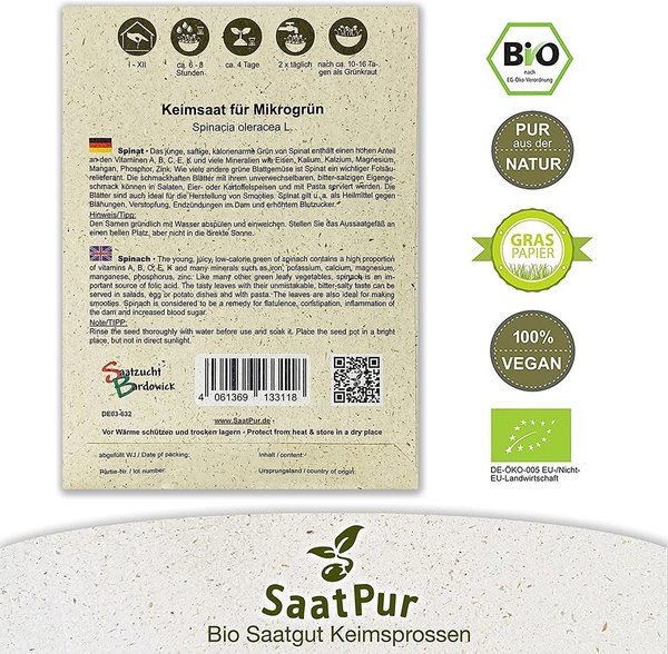 Bio-Keimsaat Spinat, für Microgreens, 100 g
